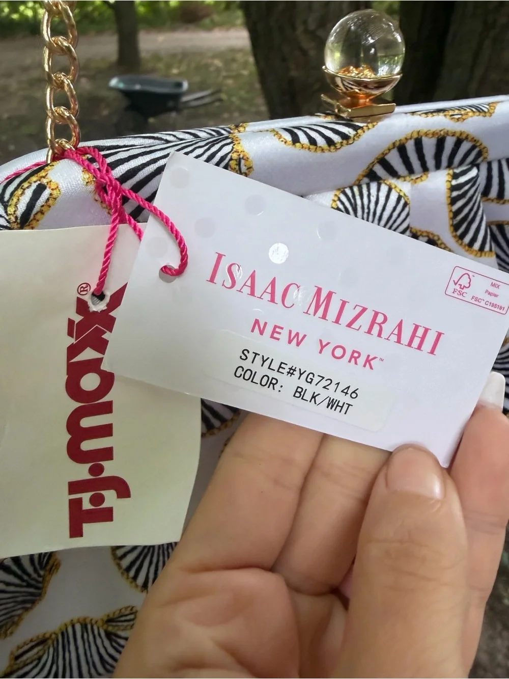 Isaac Mizrahi White Satin Shell-Print Clutch with Gold Chain